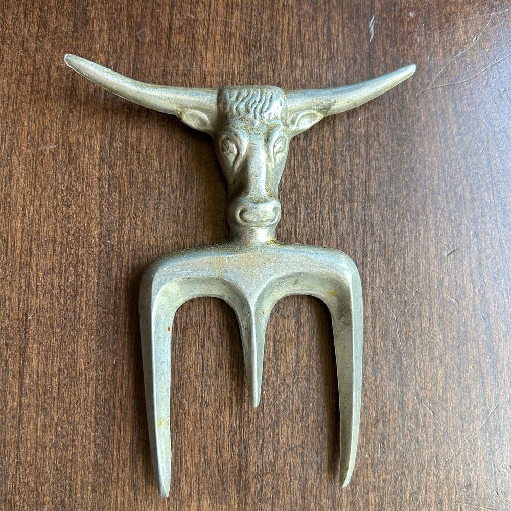 Bull Longhorn Steer Head Metal Aluminum Silver Tone Meat Fork 7.5" Italy